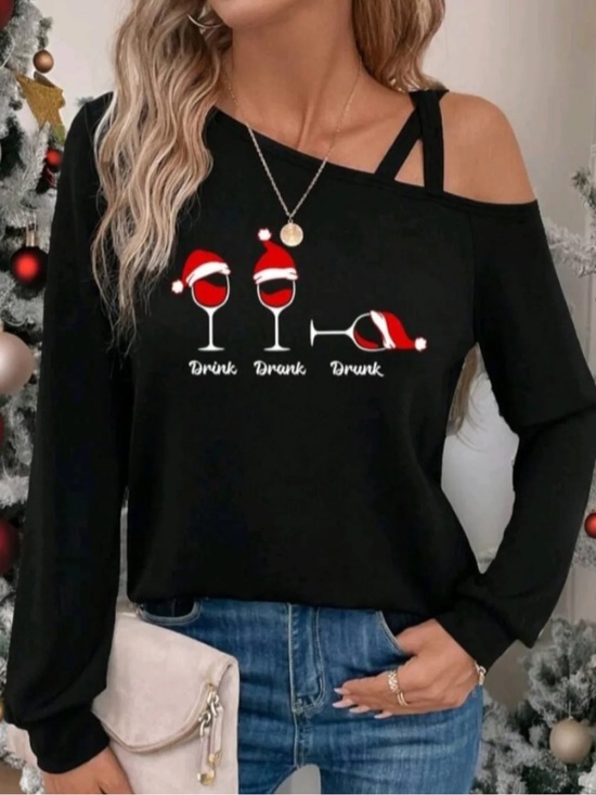 SHEIN Tops - SHEIN Christmas Cold Shoulder Black Long Sleeve Top - Humor